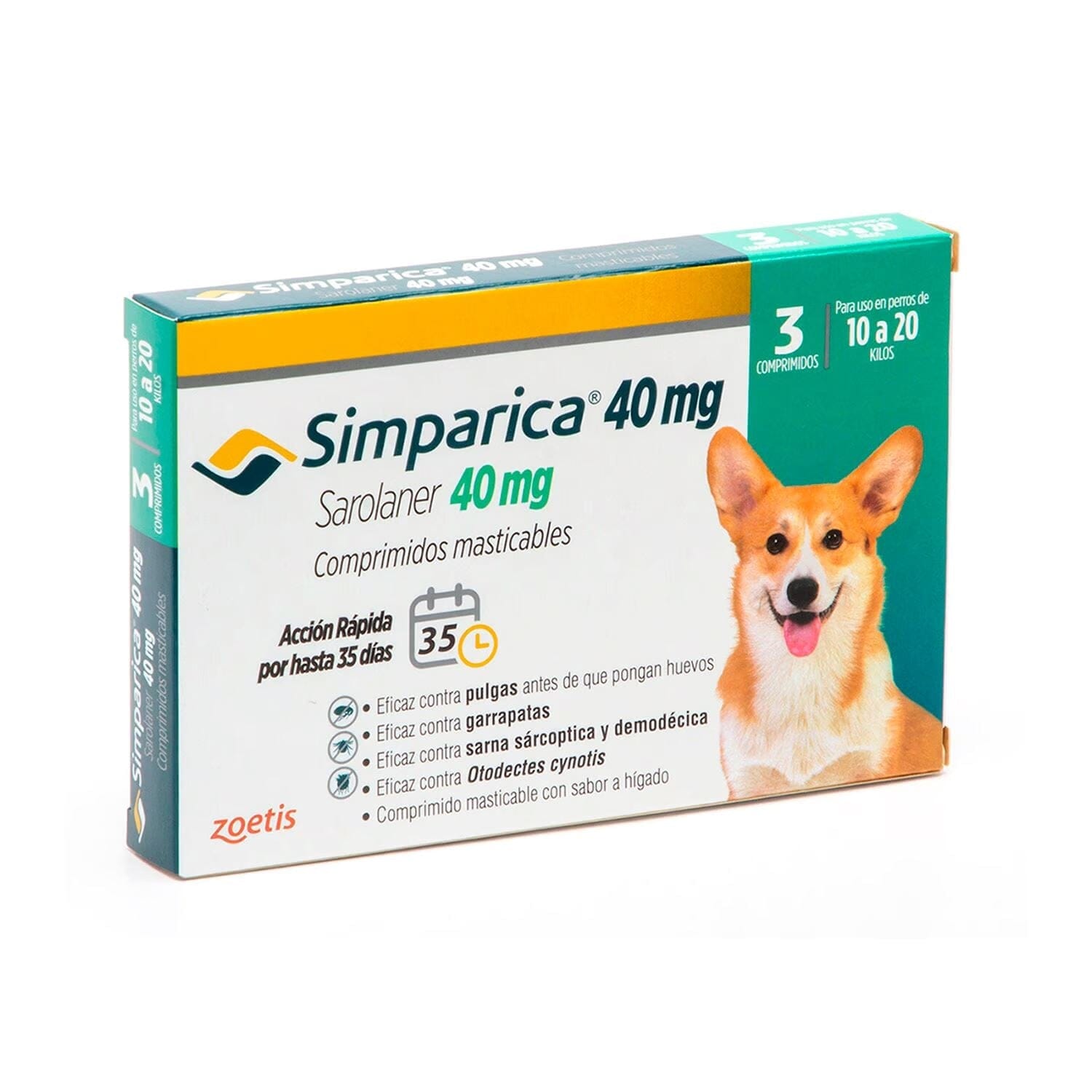 Simparica 40 mg x 3 comprimidos masticables (10-20 kg) Perros Farmex-Pluxee-Persistente